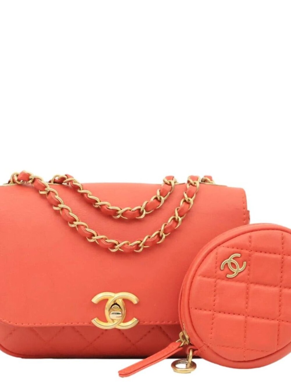 Chanel Multi Pouching Flap Quilted Calfskin Leather Crossbody Bag Orange - Picture 1 of 16